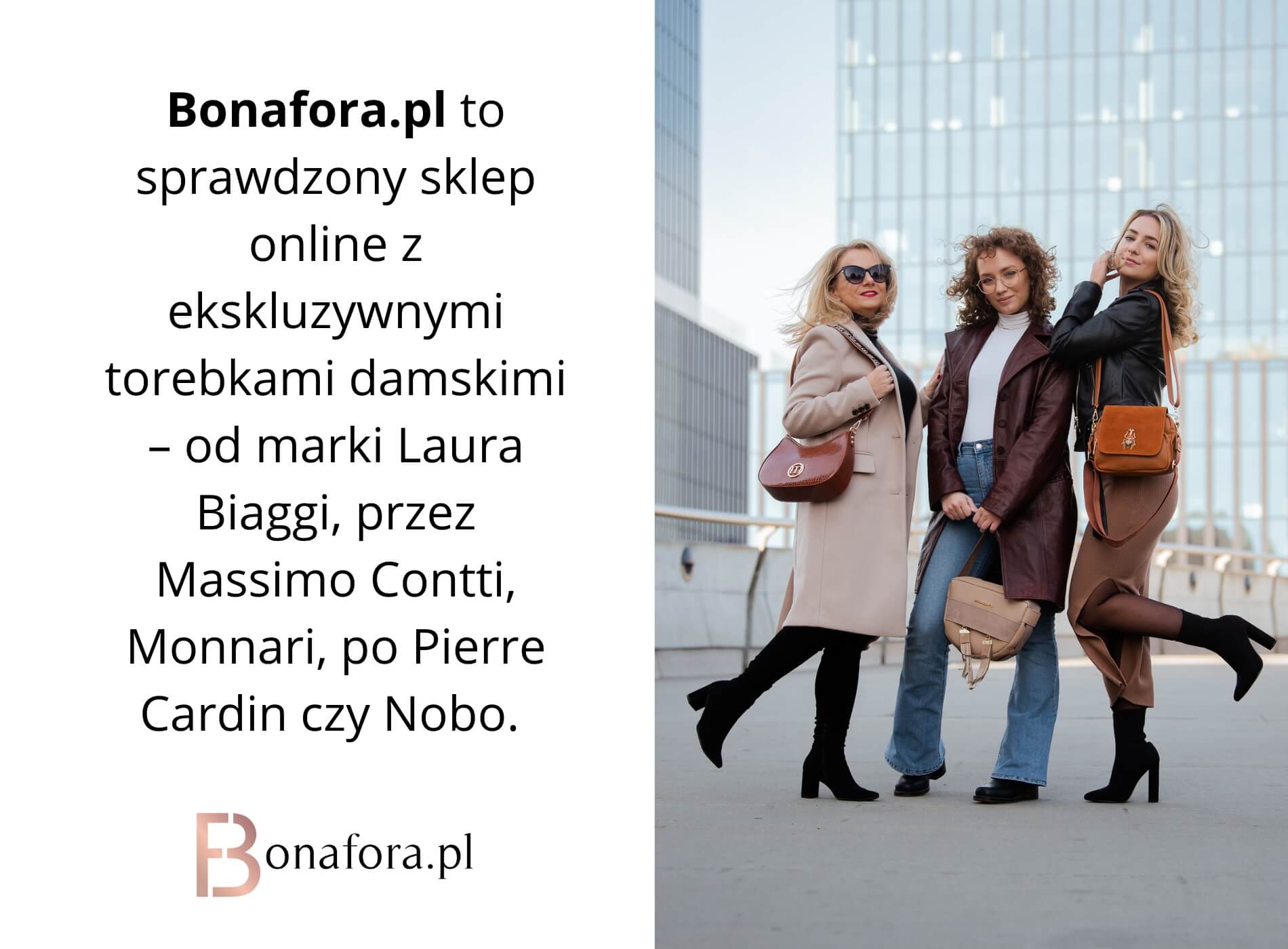 Trzy eleganckie kobiety z ekskluzywnymi torebkami Laura Biaggi, Massimo Contti, Monnari – Bonafora.pl, sklep z torebkami