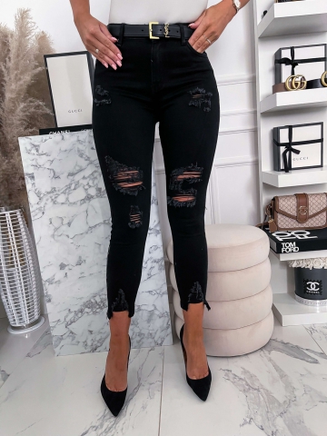 Czarne spodnie Jeans z dziurami i zameczkami 